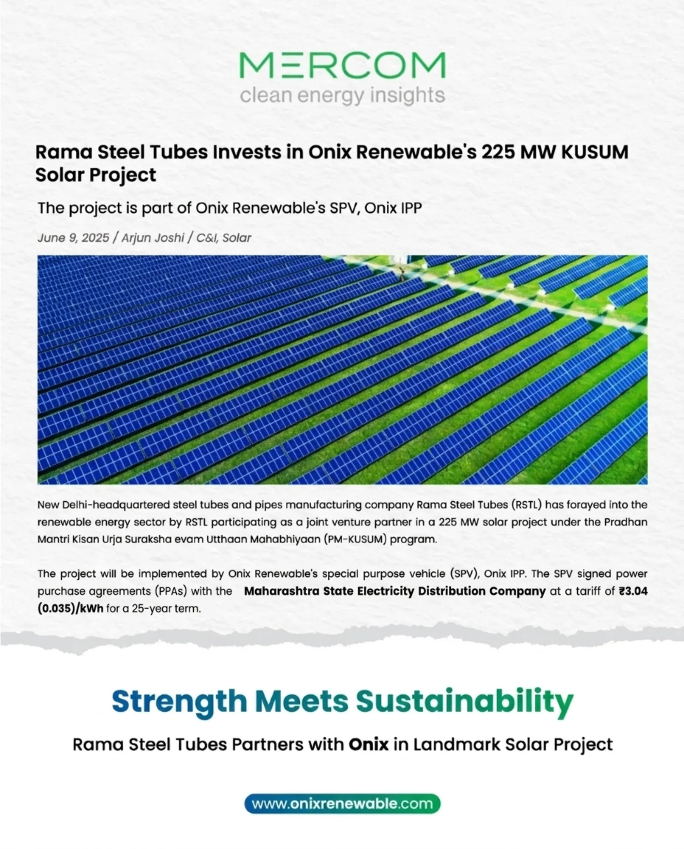 Rama Steel Tubes Invests in Onix Renewable�s 225 MW PM-KUSUM Solar Project, Driving Clean Energy Growth in India